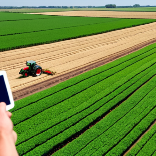**Image Prompt:** A vibrant Dutch farmland scene. In the foreground, a farmer uses a tablet displaying sensor data from the field. In the background, a drone surveys crops, and a GPS-guided tractor tills the soil. Lush green crops indicate a healthy and thriving environment.