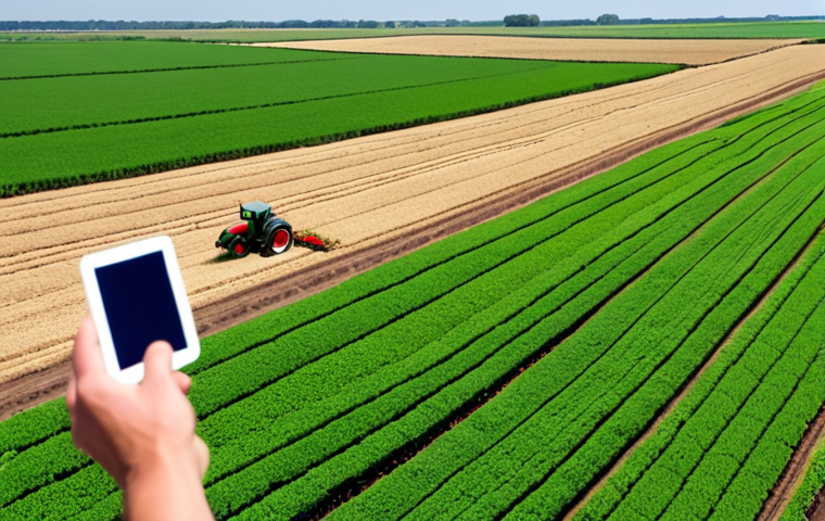 **Image Prompt:** A vibrant Dutch farmland scene. In the foreground, a farmer uses a tablet displaying sensor data from the field. In the background, a drone surveys crops, and a GPS-guided tractor tills the soil. Lush green crops indicate a healthy and thriving environment.